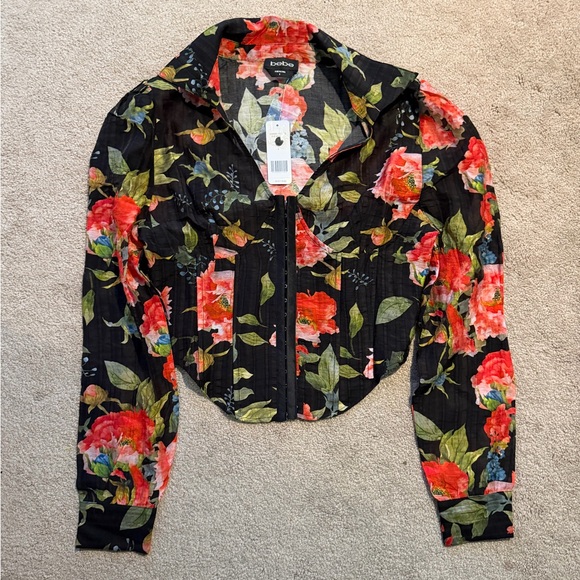 bebe Tops - Bebe Corset Top Hook & Eye Sheer Floral Print Long Sleeve Blouse Size 6 NWT